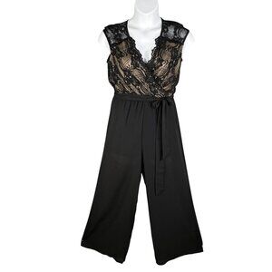 Worthington Womens S Black Lace Bodice Cap Sleeve Wide Leg Jumpsuit Stretchy